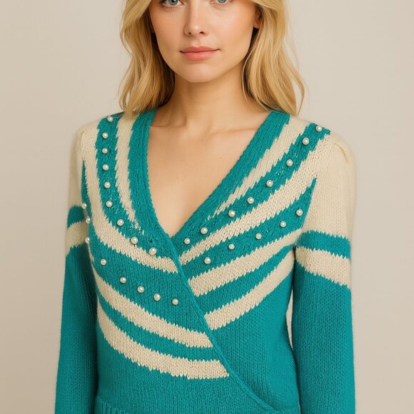 Lauren Cole Petites Faux Pearl Embellished V-Neck Sweater – Turquoise Cream Gold - Picture 1 of 10